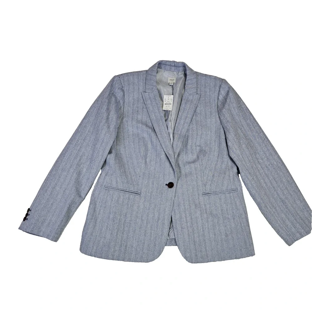 J.Crew Herringbone Blazer Women 16 Cotton Linen Blue White Preppy Academia CL240